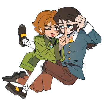 1boy 1girl abaddon_(haunted_hotel) blue_coat blue_eyes brown_eyes brown_hair coat commentary esther_freeling green_coat hand_up haunted_hotel highres index_finger_raised insidej043 kneeling long_hair looking_at_another one_eye_closed orange_hair short_hair simple_background white_background