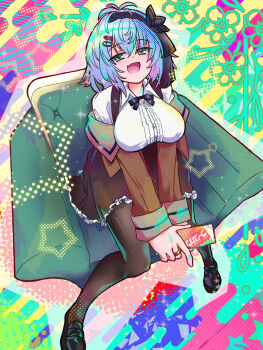 Rule 34 | 1girl, :d, absurdres, antenna hair, aqua background, armchair, assault lily, black flower, black hairband, black ribbon, black shoes, blue background, blue hair, breasts, brown jacket, brown pantyhose, brown skirt, buttons, candy, chair, collared shirt, colorful background, commentary request, digamma, fang, floral background, flower, food, foot out of frame, frilled skirt, frills, from above, green background, green eyes, hair between eyes, hair flower, hair ornament, hair ribbon, hairband, hairclip, half-closed eyes, higashikuze tokuko, high-waist skirt, highres, holding, holding candy, holding food, jacket, jewelry, light particles, loafers, long sleeves, looking at viewer, medium breasts, medium hair, neck ribbon, off shoulder, on chair, open clothes, open jacket, open mouth, own hands together, pantyhose, pink background, ribbon, ring, school uniform, shirt, shoes, sitting, skin fang, skirt, smile, solo, sparkle, star (symbol), star in eye, star symbol background, suspender skirt, suspenders, symbol in eye, v arms, white shirt, yellow background
