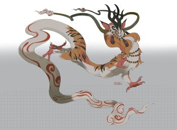 Rule 34 | absurdres, animal ears, animal focus, bird legs, claws, closed mouth, creature, dragon, fantasy, feathers, full body, grid background, grin, highres, horns, jewelry, kel-del, long body, monster, original, reference sheet, short legs, smile, solo, tail, whiskers, white background