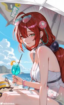 1girl ahoge artist_name bare_shoulders blue_sky bracelet breasts cleavage closed_mouth cloud commentary_request cup day drinking_glass drinking_straw eyewear_on_head fingernails food from_side fruit glint gradient_nails green_eyes hair_ornament hearing_aid heart heart-shaped_eyewear heart_sticker helloimtea highres holding holding_cup jewelry juice large_breasts looking_at_viewer nail_polish ocean official_alternate_costume one-piece_swimsuit orange_(fruit) orange_slice outdoors paid_reward_available patreon_username pink_nails red_hair shore sidelocks sitting sky smile solo sphere_hair_ornament sticker sticker_on_face sunglasses swimsuit tanuki thighs twitter_username ukinami_yuzuha ukinami_yuzuha_(tanuki_in_broad_daylight) umbrella white_one-piece_swimsuit white_umbrella yellow_nails zenless_zone_zero