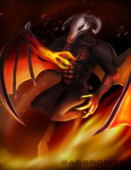 1boy abs absurdres animal_skull artist_name black_sclera black_skin colored_sclera colored_skin commentary cracked_skin curled_horns demon demon_boy demon_wings doom_(series) embers english_commentary fewer_digits fire flaming_hand full_body goat_horns goat_legs goat_tail grey_horns highres hooves horns legacy_of_rust lynn_friedmann male_focus orange_eyes orange_wings skull_head solo tail twitter_username vassago_(doom) wings