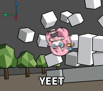 1girl blender_(software) blue_eyes bocchi_the_rock! chibi chibi_only commentary cube cube_hair_ornament english_commentary english_text full_body gotoh_hitori hair_ornament highres long_hair low_poly malrangdonut meme pink_hair solo t-pose tree yeet_(meme)