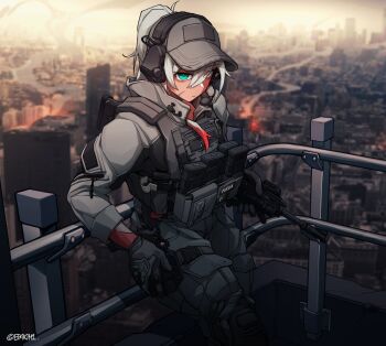 1girl alt_text aqua_eyes baseball_cap black_gloves bulletproof_vest check_weapon cityscape commentary commission ear_protection epakim fb_msbs_grot fn_fnx_45 gloves grey_hat grey_pants grey_sweater gun hair_between_eyes handgun hat highres holding holding_gun holding_weapon holstered long_hair looking_at_viewer original pants railing rifle scar scar_on_face solo sweater tactical_clothes weapon weapon_request white_hair