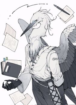 1boy beak bird_boy bird_wings black_pants cowboy_shot dated feathered_wings floating floating_object furry furry_male green_eyes highres male_focus nib_pen_(object) notebook original pants paper pen shirt shuini_xiaomao signature simple_background solo standing white_background white_shirt wings