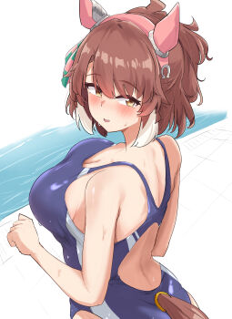 1girl absurdres animal_ears back_cutout blue_one-piece_swimsuit blush breasts brown_eyes brown_hair brown_tail cleavage clothing_cutout commentary_request competition_swimsuit dantsu_flame_(umamusume) ear_covers gryebooks hairband highres horse_ears horse_girl large_breasts looking_at_viewer medium_hair multicolored_hair one-piece_swimsuit open_mouth pink_hairband sketch_background solo streaked_hair swimsuit tail tail_through_clothes umamusume white_streaks