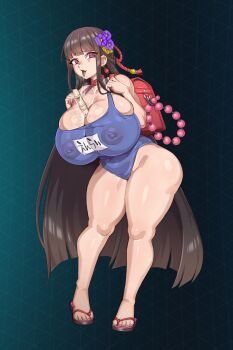 1girl abarano aged_down anal_beads backpack bag between_breasts black_hair blue_background blue_one-piece_swimsuit blunt_bangs breasts bursting_breasts choker cleavage covered_erect_nipples covered_navel curvy earrings flower flower_on_head flute full_body hair_flower hair_ornament highres huge_breasts instrument jewelry kunoichi_enrai lantern_earrings last_origin long_hair looking_at_viewer object_between_breasts one-piece_swimsuit open_mouth pink_eyes purple_flower randoseru recorder red_bag red_choker rope saliva saliva_trail sandals school_swimsuit see-through_clothes see-through_one-piece_swimsuit sex_toy shortstack sidelocks skindentation solo standing suggestive_fluid suggestive_gesture swimsuit thick_thighs thighs tight_clothes tongue tongue_out very_long_hair wide_hips