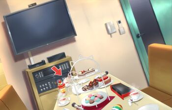 1girl arrow_(symbol) blue_archive blurry blurry_background brown_hair cake cake_slice commentary_request cup dutch_angle flower food hair_flower hair_ornament halo highres holy-san_(makuu) indoors karaoke macaron microphone nagisa_(blue_archive) parfait pink_flower pink_halo solo steam sweets table tea teacup variant_set white_flower