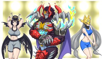 1girl 2girls abs demon demon_(digimon) demon_girl demon_x-antibody digimon digimon_(creature) fitness_gym giga-kunskap grin lilithmon long_hair looking_at_viewer mark_of_evil mask multiple_girls muscular muscular_female muscular_male pose_imitation pun sakuyamon smile wings