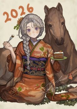1girl 2026 :t absurdres belt belt_buckle blush braid buckle cake cake_slice carrot carrot_print chinese_zodiac commentary_request eating flower food food_print fork furisode_sleeves hair_flower hair_ornament highres holding holding_fork holding_plate horse japanese_clothes kimono long_hair looking_at_viewer obiage obijime orange_kimono original plate print_kimono purple_eyes sayoko_(sayosny2) signature sitting solo year_of_the_horse yokozuwari