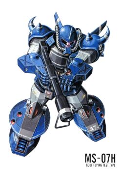 1980s_(style) bazooka_(gundam) cable character_name gouf gouf_flight_type gundam gundam_msv highres holding holding_weapon machinery mecha mecha_focus mobile_suit no_humans oldschool one-eyed ookawara_kunio painting_(medium) pink_eyes realistic retro_artstyle robot scan science_fiction shoulder_spikes simple_background solo spikes traditional_media weapon white_background zeon