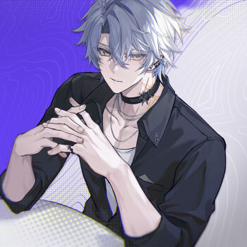 Rule 34 | 1boy, absurdres, alternate costume, alternate eye color, black choker, black jacket, choker, collarbone, crossed bangs, earclip, gold tattoo, grey hair, hair between eyes, highres, honkai: star rail, honkai (series), interlocked fingers, jacket, jewelry, looking at viewer, male focus, mujizi, necklace, open clothes, open jacket, parted bangs, phainon (honkai: star rail), smirk, solo, sun symbol, sun tattoo, table, tan, tattoo, teeth, upper body, yellow eyes