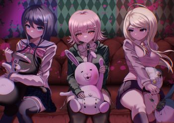 3girls absurdres ahoge akamatsu_kaede black_hair black_jacket black_skirt black_socks black_thighhighs blonde_hair blood blue_sailor_collar breasts brown_hair brown_skirt collared_shirt commentary_request couch danganronpa:_trigger_happy_havoc danganronpa_(series) danganronpa_2:_goodbye_despair danganronpa_v3:_killing_harmony diaper dress_shirt flipped_hair hair_ornament hairclip highres holding holding_knife jacket knife large_breasts long_hair maizono_sayaka medium_hair miniskirt monokuma monomi_(danganronpa) multiple_girls nanafuku nanami_chiaki neck_ribbon open_clothes open_jacket pink_blood pink_ribbon pink_sweater_vest pleated_skirt ribbon sailor_collar shirt sitting skirt smile socks sweater_vest thighhighs white_shirt