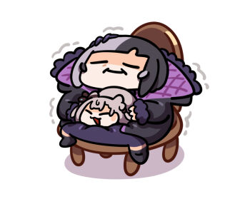 2girls =_= animal animal_on_lap black_hair cat cat_loaf cat_on_lap chair closed_mouth grey_hair hair_ribbon hololive hololive_english hololive_indonesia keenbiscuit multicolored_hair multiple_girls on_lap open_mouth ribbon shiori_novella shiori_novella_(1st_costume) sitting smile split-color_hair trembling vestia_zeta vestia_zeta_(cat) virtual_youtuber