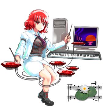 beamed_sixteenth_notes belt black_belt black_footwear black_socks breasts closed_mouth commentary computer computer_tower drum drumsticks eighth_note english_commentary flower full_body highres holding holding_drumsticks horikawa_raiko instrument jacket juliet_sleeves keyboard_(instrument) lily_pad long_sleeves looking_at_viewer medium_breasts medium_hair monitor musical_note musical_staff necktie profitwalrus puffy_sleeves purple_necktie red_eyes red_hair skirt socks touhou white_flower white_jacket white_skirt