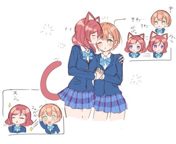 2girls ? animal_ears blazer blue_bow blue_bowtie blue_jacket blue_skirt blush bow bowtie cat_ears cat_girl cat_tail closed_eyes cropped_legs hand_on_another&#039;s_shoulder holding_hands hoshizora_rin jacket kemonomimi_mode kiss kissing_forehead long_sleeves love_live! love_live!_school_idol_project medium_hair multiple_girls nishikino_maki one_eye_closed orange_hair otonokizaka_school_uniform red_hair sa(bannane)k school_uniform short_hair simple_background skirt striped_bow striped_bowtie striped_clothes tail white_background yuri