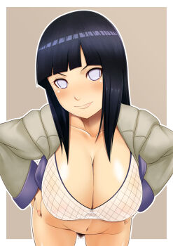 1girl black_hair blunt_bangs blush bottomless breasts cleavage cowboy_shot crop_top female_focus female_pubic_hair fishnet_top fishnets hands_on_own_hips highres hyuuga_hinata jacket large_breasts leaning_forward long_hair looking_at_viewer naruto:_road_to_ninja naruto_(series) naruto_shippuuden navel nipples no_panties outside_border pubic_hair purple_eyes purple_hair sidelocks simple_background smile smirk solo standing tomatto_(@ma!) white_eyes
