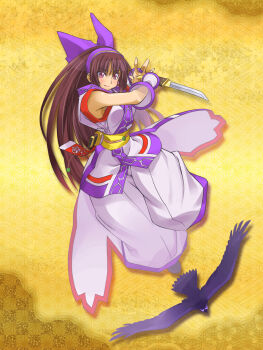 Rule 34 | 1girl, ainu clothes, arm guards, bird, bow, brown hair, closed mouth, full body, hair bow, hairband, hawk, highres, holding, holding knife, kageyama shinobi, knife, long hair, looking at viewer, mamahaha, murasaki nakoruru, nakoruru, pants, pink hair, puffy pants, purple bow, purple hairband, samurai spirits, sheath, solo, unsheathed, white pants, yellow background