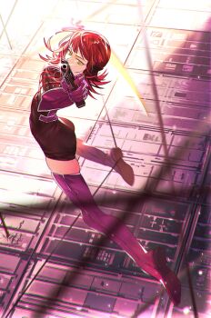 1girl aiming aiming_at_viewer breasts cracked_screen elbow_gloves floating_hair gloves green_eyes gun handgun hashtag-only_commentary headphones highres holding holding_gun holding_weapon jacket katori_squad&#039;s_uniform katori_youko large_breasts long_hair looking_at_viewer purple_gloves purple_jacket red_hair short_jumpsuit short_sleeves solo thighhighs weapon wire world_trigger wu_huo_(nor020113)