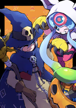 Rule 34 | ayo (ayosanri009), blue cape, blue hat, cape, cosplay, cowboy shot, digimon, digimon (creature), digimon adventure, digimon ghost game, grey hair, halloween, hat, higashimitarai kiyoshiro, highres, holding, holding staff, jellymon, one eye closed, orange background, simple background, staff, tailmon, tailmon (cosplay), wizard hat, wizarmon, wizarmon (cosplay)