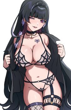 1girl absurdres areola_slip belt_collar black_hair braid breasts cleavage coat collar commentary cowboy_shot daydarion dot_nose english_commentary flashing garter_belt highres large_breasts light_blush lingerie long_hair looking_at_viewer meloco_kyoran multicolored_hair navel nijisanji nijisanji_en one_eye_closed open_clothes open_coat purple_eyes purple_hair simple_background single_fishnet_legwear solo streaked_hair thigh_gap twin_braids underwear very_long_hair virtual_youtuber white_background