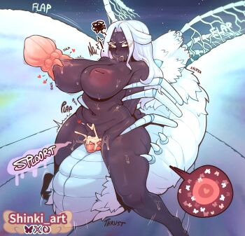 1girl absurdres bestiality black_skin breast_sucking breasts bug clenched_teeth colored_skin commentary cum cum_in_pussy dark-skinned_female dark_skin drooling elden_ring elden_ring_nightreign english_commentary fertilization gnoster_(elden_ring) heart highres huge_breasts insect inverted_nipples large_areolae moth nipples ovum ovum_with_heart plump recluse_(elden_ring) rolling_eyes sex shinki_art tears teeth very_dark_skin white_hair