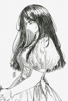 1girl alice:_madness_returns alice_liddell_(american_mcgee's_alice) american_mcgee's_alice apron black_hair closed_mouth commentary_request dress from_side glaring graphite_(medium) greyscale highres jewelry korean_commentary long_hair monochrome necklace sketch solo traditional_media upper_body v-shaped_eyebrows