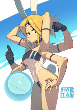 1girl animal_ears arm_strap arms_behind_head ball beachball black_eyes black_gloves blonde_hair breasts choker earrings extra_arms flexing gloves gris_swimsuit hand_on_own_hip hata4564 highleg highleg_one-piece_swimsuit highres jewelry medium_breasts one-piece_swimsuit original parted_bangs pointy_ears ponytail rabbit_ears see-through_clothes see-through_one-piece_swimsuit short_hair small_breasts solo strapless strapless_one-piece_swimsuit swimsuit third_eye thumbs_up underboob