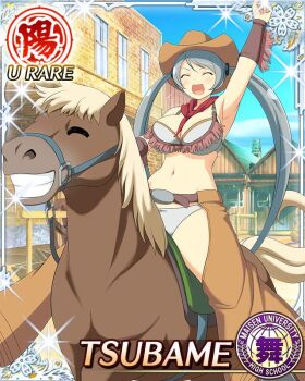 1girl :d arm_up armpits belt bikini border breasts brown_hat brown_horse card_(medium) chaps character_name cleavage closed_eyes cowboy_hat cowboy_western cowgirl_(western) game_cg grey_bikini grey_hair hat holding holding_reins horse horseback_riding large_breasts leaning_back long_hair navel neckerchief official_art open_mouth outdoors red_neckerchief reins riding saddle senran_kagura senran_kagura_new_wave smile solo swept_bangs swimsuit third-party_source tsubame_(senran_kagura) twintails very_long_hair