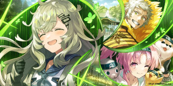 1boy 2girls :d ^_^ baby_animal bird black_gloves chick closed_eyes closed_mouth commentary_request company_name food_print forehead_protector fruit_print g-row gloves green_eyes green_hair hair_ornament hairpin hideyoshi_(shinobi_nightmare) highres hood hood_down long_hair looking_at_viewer momotarou_(sakura_ignoramus) monkey multiple_girls nazuna_(sakura_ignoramus) official_art one_eye_closed open_mouth peach_print pink_eyes pink_hair sakura_ignoramus second-party_source shiba_inu smile v-shaped_eyebrows white_hood