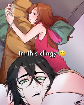 1boy 1girl absurdres artist_name bare_shoulders black_hair black_nails bleach body_pillow bread breasts brown_eyes brown_hair brown_shorts couple crossed_bangs derivative_work english_text facial_mark food green_eyes hair_between_eyes head_between_thighs hetero highres holding holding_phone hood hoodie i&#039;m_this_clingy_(meme) inoue_orihime keitoz long_hair looking_at_phone medium_breasts medium_hair meme nail_polish on_bed parted_lips phone pillow pink_hoodie shorts silver_bangle sleeveless sleeveless_hoodie thighhighs ulquiorra_cifer white_thighhighs