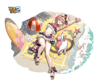1girl animal_ears ball beach beach_mat beachball benghuai_xueyuan bikini black_bikini blue_eyes breasts brown_hair can_(honkai_impact) cat cat_ears cat_girl cat_tail copyright_logo green_eyes heterochromia highres honkai_(series) honkai_impact_3rd in-franchise_crossover logo looking_at_viewer medium_breasts midriff navel official_alternate_costume official_art pardofelis pardofelis_(midsummer_collector) rero_(bigdoorbig2) sand sandals scrunchie short_hair stretching surfboard swimsuit tail toes wrist_scrunchie