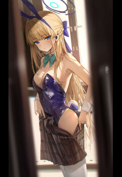 1girl absurdres animal_ears bare_shoulders blonde_hair blue_archive blue_eyes blue_halo blue_leotard blunt_bangs bow bowtie braid breasts cleavage commentary detached_collar doorway fake_animal_ears fake_tail hair_bow halo hidulume highres indoors leotard long_hair looking_at_viewer looking_to_the_side medium_breasts multicolored_hair official_alternate_costume plaid_clothes plaid_skirt playboy_bunny pleated_skirt pov_doorway rabbit_ears rabbit_tail skirt solo strapless strapless_leotard streaked_hair tail thighhighs toki_(blue_archive) toki_(bunny)_(blue_archive) undressing very_long_hair white_thighhighs wrist_cuffs