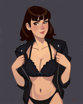 1girl artist_name black_bra black_panties blunt_bangs blush bra breasts brown_eyes brown_hair cleavage closed_mouth collarbone covered_erect_nipples galmesh_rosewood grey_background highres jacket large_breasts looking_at_viewer making-of_available medium_hair navel no_pants no_pupils open_clothes open_jacket original panties simple_background smile solo underwear