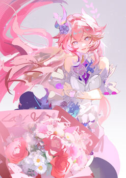 1girl absurdres bare_shoulders bouquet breasts cyrene_(demiurge)_(honkai:_star_rail) cyrene_(honkai:_star_rail) diamond-shaped_pupils diamond_(shape) dress flower hair_flower hair_ornament highres honkai:_star_rail honkai_(series) large_breasts long_hair multicolored_hair pink_hair pov purple_eyes smile solo symbol-shaped_pupils two-tone_hair very_long_hair weishiji white_dress white_hair
