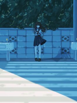 1girl black_hair black_sailor_collar black_shoes black_skirt commentary crosswalk expressionless floating_hair full_body highres kuukou_(user_zexk2828) loafers long_hair neckerchief original outdoors pleated_skirt red_eyes red_neckerchief sailor_collar school_uniform serafuku shade shirt shoes short_sleeves skirt socks solo standing summer_uniform white_shirt white_socks