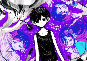 2girls 3boys antenna_hair arm_behind_head arm_up aubrey_(headspace)_(omori) aubrey_(omori) black_hair black_tank_top blue_shirt bow checkered_clothes closed_eyes closed_mouth collarbone collared_shirt colored_skin commentary commentary_request copyright_name double-parted_bangs dress drooling english_commentary expressionless hair_between_eyes hair_bow hero_(headspace)_(omori) hero_(omori) highres kel_(headspace)_(omori) kel_(omori) knife komekopan_720 long_hair long_sleeves looking_at_viewer mari_(omori) mari_(spirit)_(omori) mixed-language_commentary mouth_drool multiple_boys multiple_girls omori omori_(omori) open_mouth pajamas pink_bow purple_hair shirt short_hair short_sleeves sidelocks striped_clothes striped_pajamas tank_top twitter_username vertical-striped_clothes vertical-striped_pajamas white_dress white_pajamas white_skin