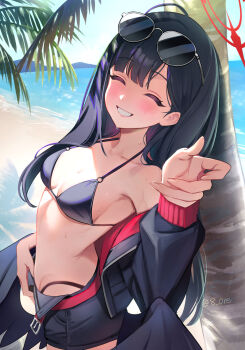 1girl 8n0_g artist_name bare_shoulders beach belt bikini bikini_bottom_under_shorts bikini_under_clothes black_bikini black_hair black_jacket black_shorts black_wings blue_archive blue_sky blush breasts closed_eyes collarbone day eyewear_on_head feathered_wings from_side halo halterneck hand_up head_tilt highres ichika_(blue_archive) ichika_(swimsuit)_(blue_archive) jacket long_hair long_sleeves looking_at_viewer low_wings medium_breasts micro_shorts o-ring o-ring_bikini o-ring_top ocean off_shoulder official_alternate_costume open_clothes open_fly open_jacket outdoors palm_tree red_belt red_halo shorts sky smile solo standing sunglasses sunlight swimsuit teeth tree under_tree very_long_hair wet wings