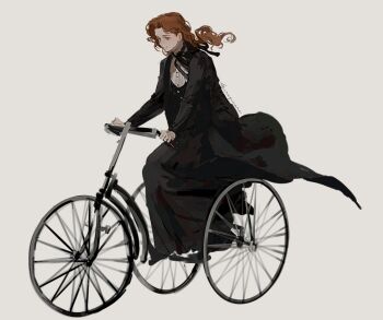 Rule 34 | 1girl, black coat, black ribbon, black skirt, black vest, blue eyes, coat, dress shirt, full body, gynger edventray (hiiragimare), hair ribbon, highres, hiiragimare, hogwarts legacy, long hair, long skirt, neck ribbon, open clothes, open coat, original, ponytail, red hair, ribbon, riding, shirt, simple background, skirt, solo, tricycle, vest, white background, white shirt, wizarding world