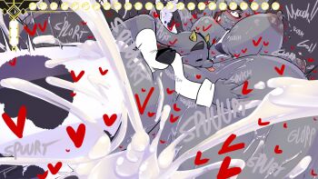 1boy 1girl animal_ears ass blush breasts butler_(pseudoregalia) christmas colored_skin cum cum_in_pussy dialogue_box english_text excessive_cum fakeryway grey_background grey_fur grey_skin heart horns huge_ass huge_penis inflation lying medium_breasts nipples on_person partially_undressed penis pseudoregalia sex sex_from_behind simple_background size_difference stomach_bulge sybil_(pseudoregalia) thighhighs vaginal veins veiny_penis