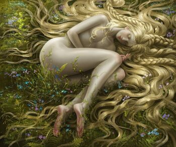 1boy blonde_hair braid closed_eyes closed_mouth commentary completely_nude develvdeva elden_ring elden_ring:_shadow_of_the_erdtree english_commentary feet field hair_spread_out long_hair lying male_focus miquella_(elden_ring) multiple_braids nipples nude on_grass on_side sleeping solo trap very_long_hair wavy_hair