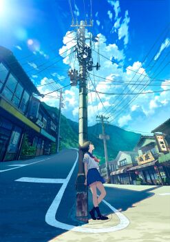 Rule 34 | 1girl, clothes lift, hashtag-only commentary, highres, jikkujiku, lens flare, loafers, looking up, original, school uniform, shoes, shop, skirt, skirt lift, socks, solo, standing, utility pole