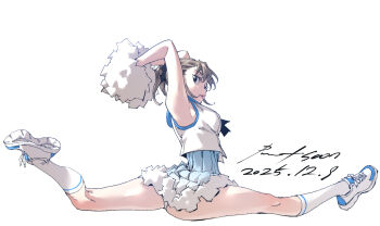 1girl brown_eyes brown_hair cheerleader commentary dress full_body highres looking_at_viewer nabipenciller original panties parted_lips pom_pom_(cheerleading) sailor_collar shoes sneakers solo split underwear white_panties