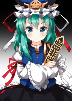 1girl :/ aqua_eyes asymmetrical_hair black_skirt blue_vest blush closed_mouth commentary_request cowboy_shot crossed_arms frills glaring gold_trim gradient_background grey_background hat highres holding holding_stick long_hair long_sleeves looking_at_viewer one-hour_drawing_challenge petticoat rod_of_remorse ruu_(tksymkw) shiki_eiki simple_background skirt solo stick touhou v-shaped_eyebrows vest wide_sleeves