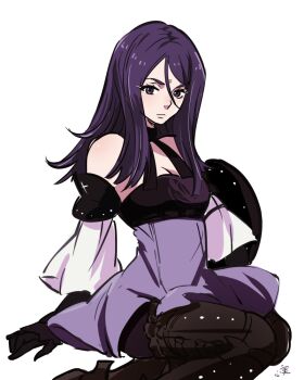 1girl bare_shoulders black_boots black_gloves boots breasts buckler choker cleavage closed_mouth detached_sleeves drag-on_dragoon drag-on_dragoon_3 dress eyelashes facial_mark forehead_mark gloves hair_ornament hairclip kokomi_(aniesuakkaman) long_hair purple_dress purple_eyes purple_hair ribbon_choker roman_numeral shield signature simple_background solo thigh_boots thighhighs three_(drag-on_dragoon) white_background