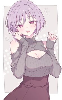 1girl :3 bang_dream! bang_dream!_it&#039;s_mygo!!!!! blush border breasts cleavage cleavage_cutout clothing_cutout commentary e20 grey_sweater hands_up highres medium_breasts open_mouth outside_border pink_eyes purple_hair short_hair shoulder_cutout sleeves_past_wrists solo sweater white_border yuutenji_nyamu