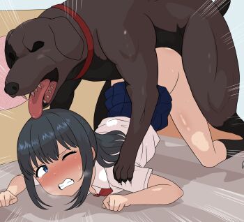 1girl all_fours artist_request bestiality black_hair blush breasts censored clothed_sex cum cumdrip dog doggystyle hetero loli motion_blur original penis school_uniform sex sex_from_behind skirt small_breasts source_request tagme thighs vaginal wince