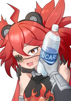 1girl absurdres ahoge animal_ears bear_ears blush bottle eyepatch fake_animal_ears grace_howard hair_between_eyes hair_ornament highres koleda_belobog long_hair looking_at_viewer open_mouth red_eyes red_hair simple_background somii sphere_hair_ornament twintails water_bottle white_background zenless_zone_zero
