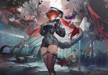 2girls absurdres art_study asymmetrical_gloves bangboo_(zenless_zone_zero) black_dress black_gloves black_hat black_horns black_thighhighs breasts chinese_commentary commentary_request dress fingerless_gloves gloves hat highres horns large_breasts looking_at_viewer magus_(zenless_zone_zero) mechanical_tail mismatched_gloves multiple_girls orange_eyes orange_hair orphie_magnusson parted_lips red_moccus_(zenless_zone_zero) seed_(zenless_zone_zero) shenbaibaibaibaibaibaibai single_fingerless_glove sitting skindentation smile solo_focus standing tail thighhighs thighs twintails yellow_gloves zenless_zone_zero