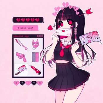Rule 34 | 1girl, animal charm, ariimaw, arrow (projectile), arrow in body, arrow in head, artist name, bare arms, black hair, black shirt, black skirt, blood, bloody knife, blunt bangs, blush stickers, bow, boxcutter, breasts, broken heart, charm (object), checkered bow, checkered clothes, cleaver, colored inner hair, commentary, covered mouth, cowboy shot, crop top, cropped shirt, draw this in your style challenge, earrings, english commentary, english text, envelope, eyes visible through hair, gun, halftone, hands up, heart, heart earrings, hello kitty, hello kitty (character), high-waist skirt, holding, holding cleaver, holding envelope, holding knife, jewelry, knife, long hair, looking at viewer, midriff, miniskirt, multicolored hair, necktie, no pupils, object through head, original, outline, pink background, pink bow, pink hair, pink streaks, pleated skirt, red eyes, red necktie, sailor collar, sanrio, school uniform, shirt, short sleeves, sidelocks, simple background, skirt, small breasts, solo, spoken heart, standing, straight hair, streaked hair, tareme, tie clip, two-tone hair, weapon, white outline, white sailor collar