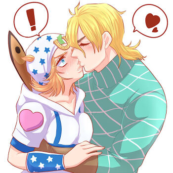 1boy 1girl blonde_hair blue_eyes blush breast_press breasts collarbone diego_brando genderswap genderswap_(mtf) gloves hat hood hoodie johnny_joestar jojo_no_kimyou_na_bouken kiss kissing_cheek medium_hair simple_background star_(symbol) star_print steel_ball_run sweatdrop white_background yuki_jj